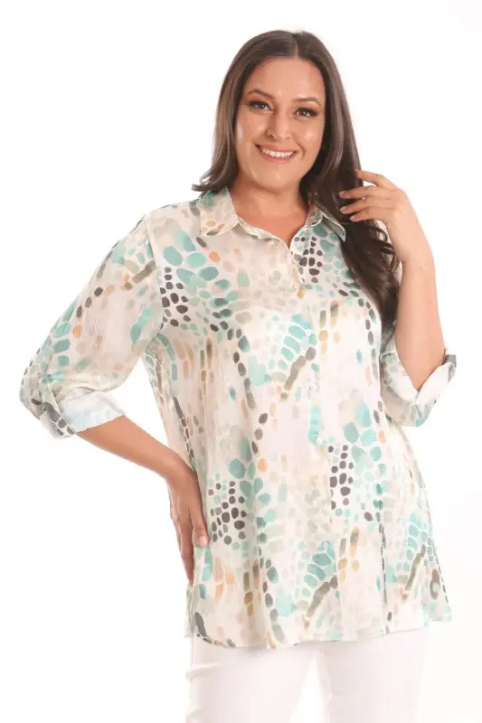 Angelino Plus Size Mint Digital Printed Crinkle Shirt - BÜYÜKBEDENIZ