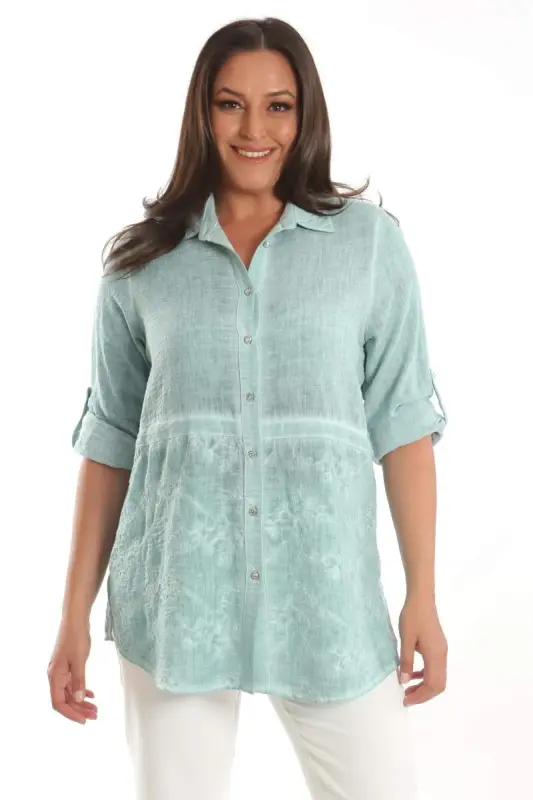 Angelino Plus Size Mint Embroidered Front Batik Wash Shirt - BÜYÜKBEDENIZ