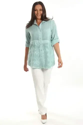 Angelino Plus Size Mint Embroidered Front Batik Wash Shirt - 2