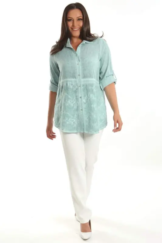 Angelino Plus Size Mint Embroidered Front Batik Wash Shirt - 2