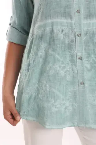 Angelino Plus Size Mint Embroidered Front Batik Wash Shirt - 3