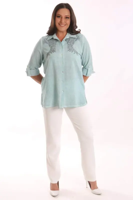 Angelino Plus Size Mint Stone Printed Batik Shirt - 2