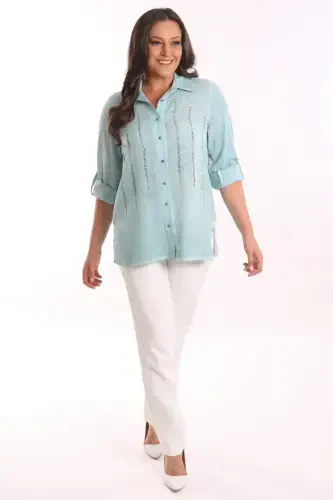 Angelino Plus Size Mint Stone Printed Batik Wash Shirt - BÜYÜKBEDENIZ (1)