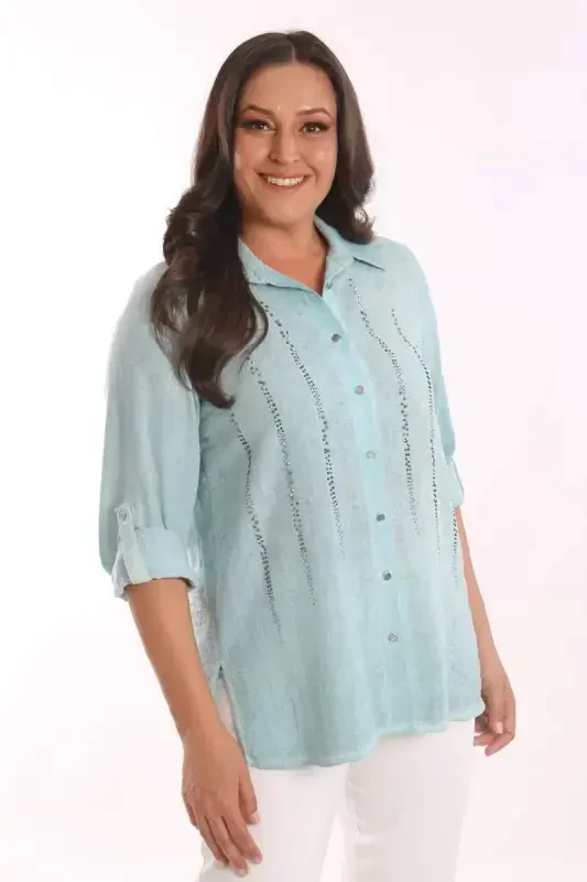 Angelino Plus Size Mint Stone Printed Batik Wash Shirt - 3
