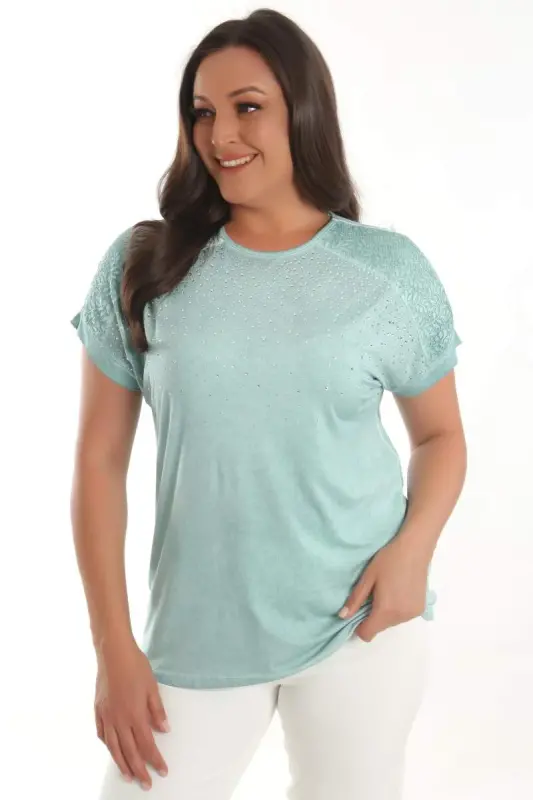 Angelino Plus Size Mint Stone Printed Shoulder Lace Detailed Batik Washed Blouse - 1