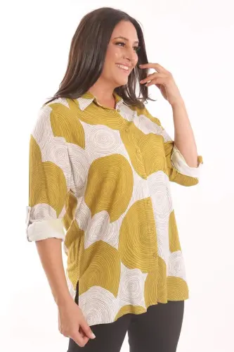 Angelino Plus Size Mustard Circle Patterned Viscose Shirt - 3
