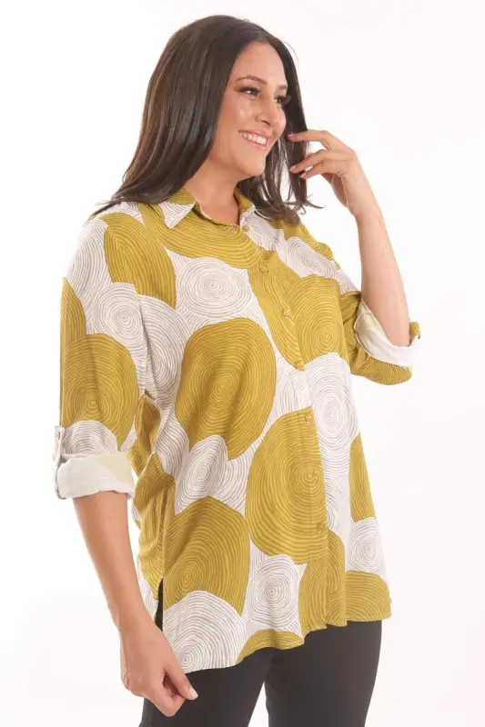 Angelino Plus Size Mustard Circle Patterned Viscose Shirt - 3