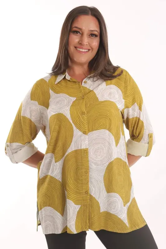 Angelino Plus Size Mustard Round Patterned Viscose Shirt - BÜYÜKBEDENIZ