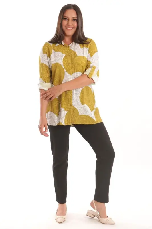 Angelino Plus Size Mustard Round Patterned Viscose Shirt - 2