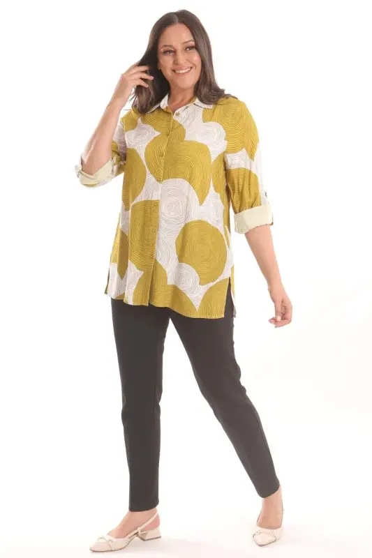 Angelino Plus Size Mustard Round Patterned Viscose Shirt - 4