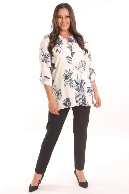 Angelino Plus Size Navy Blue Floral Patterned Viscose Shirt - 2