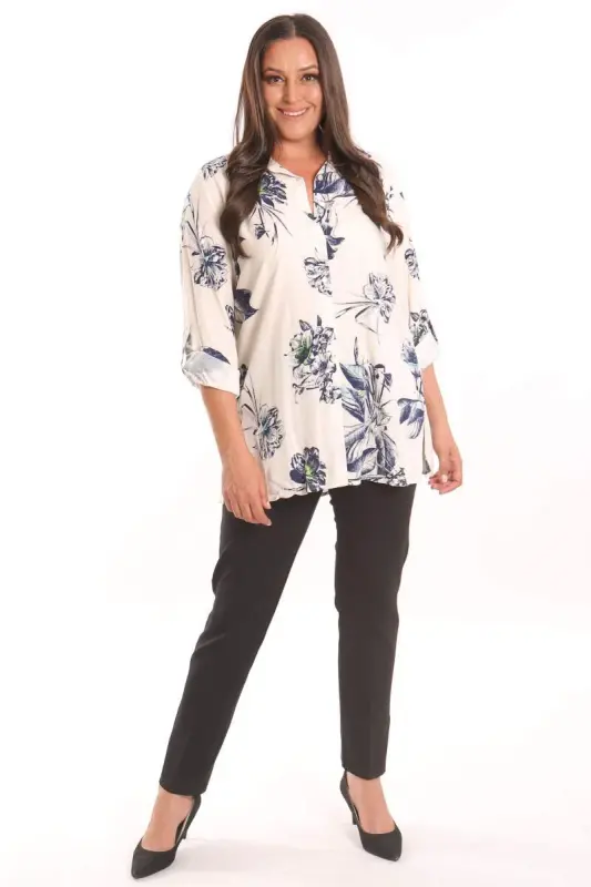 Angelino Plus Size Navy Blue Floral Viscose Shirt - 2