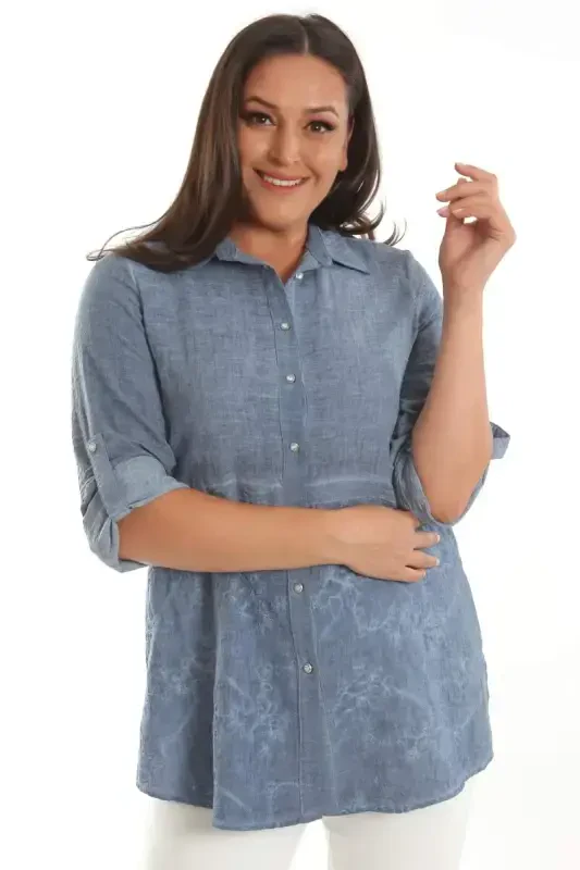 Angelino Plus Size Navy Blue Front Bottom Embroidered Batik Washed Shirt - 2