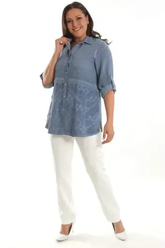 Angelino Plus Size Navy Blue Front Bottom Embroidered Batik Washed Shirt - 3