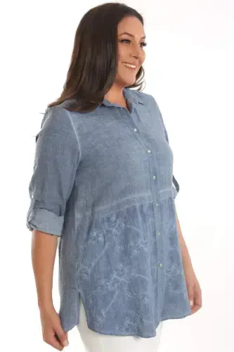 Angelino Plus Size Navy Blue Front Bottom Embroidered Batik Washed Shirt - 4