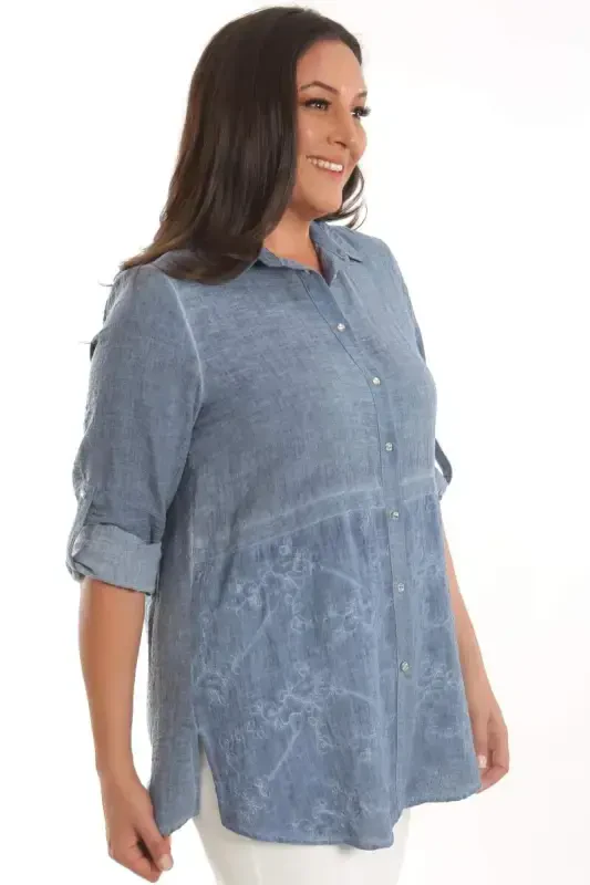 Angelino Plus Size Navy Blue Front Bottom Embroidered Batik Washed Shirt - 4