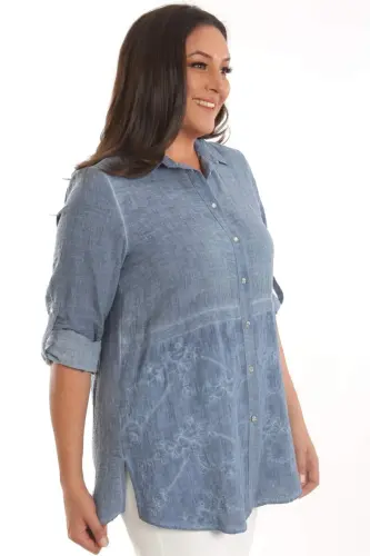 Angelino Plus Size Navy Blue Front Lower Embroidery Tie-Dye Shirt - 4