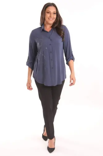 Angelino Plus Size Navy Blue Stone Embellished Woven Shirt - BÜYÜKBEDENIZ (1)