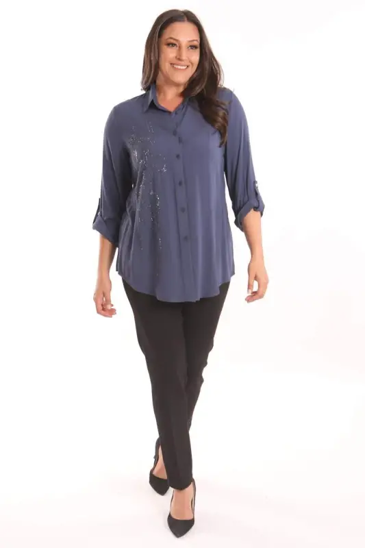 Angelino Plus Size Navy Blue Stone Embellished Woven Shirt - 2