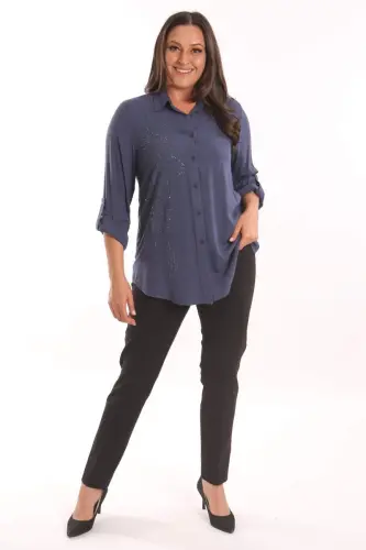Angelino Plus Size Navy Blue Stone Embellished Woven Shirt - 4