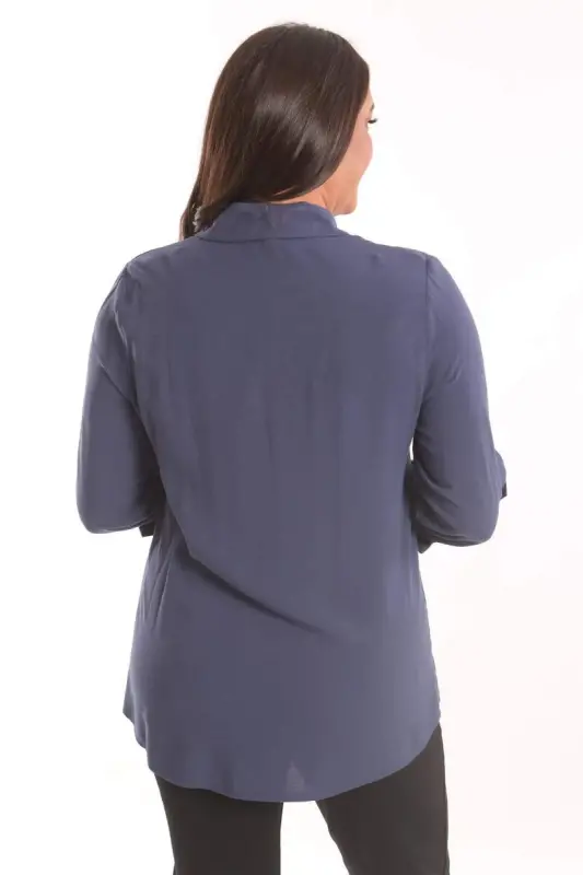 Angelino Plus Size Navy Blue Stone Embellished Woven Shirt - 5