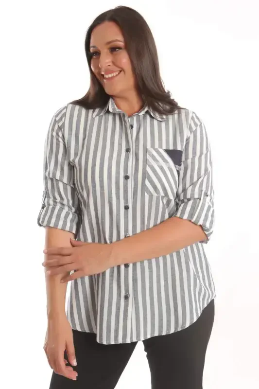 Angelino Plus Size Navy Blue Stone Print Striped Shirt - 1