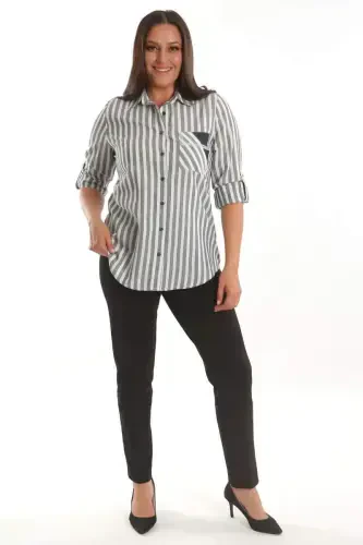Angelino Plus Size Navy Blue Stone Print Striped Shirt - 3