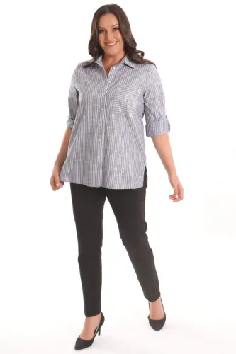 Angelino Plus Size Navy Blue Stone Printed Striped Shirt - BÜYÜKBEDENIZ (1)