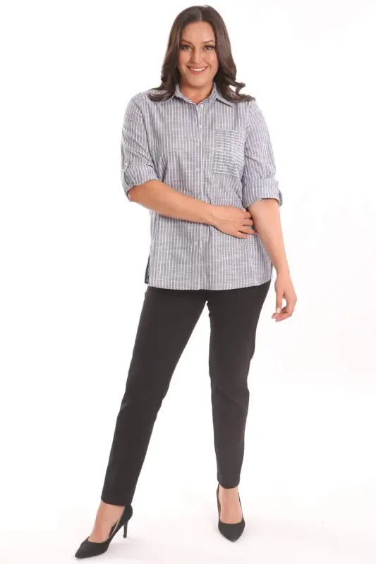Angelino Plus Size Navy Blue Stone Printed Striped Shirt - 4
