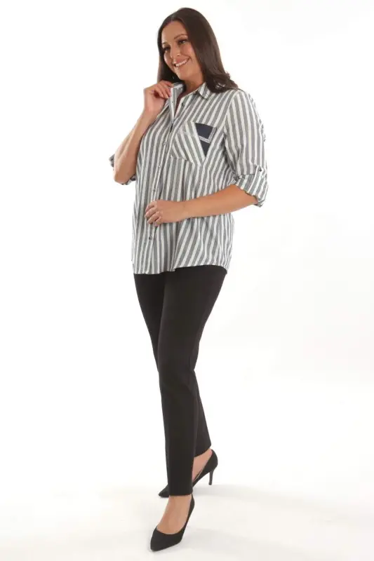 Angelino Plus Size Navy Blue Stone Printed Striped Shirt - 2