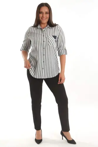 Angelino Plus Size Navy Blue Stone Printed Striped Shirt - 3