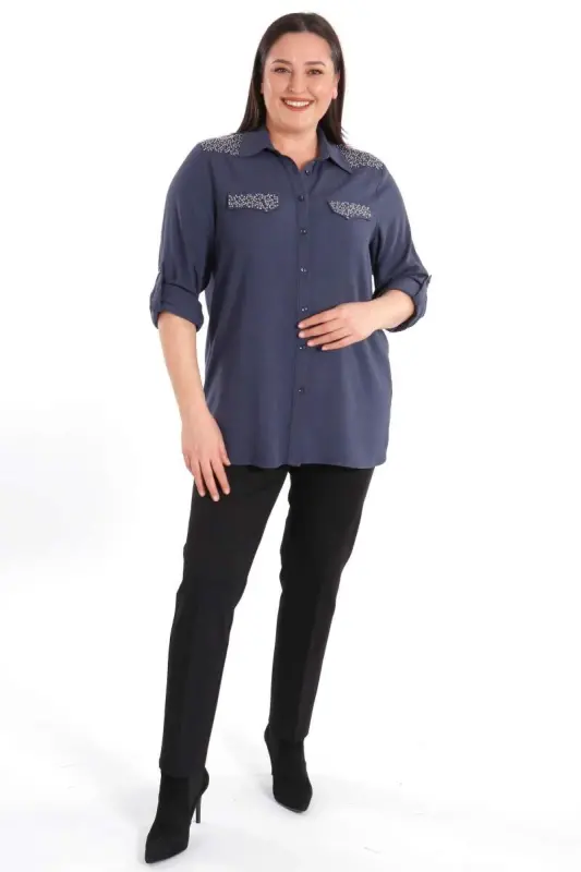 Angelino Plus Size Navy Blue Woven Shirt with Stone Print - BÜYÜKBEDENIZ