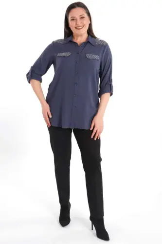 Angelino Plus Size Navy Blue Woven Shirt with Stone Print - 3