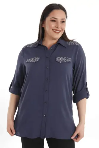 Angelino Plus Size Navy Blue Woven Shirt with Stone Print - 4