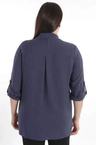 Angelino Plus Size Navy Blue Woven Shirt with Stone Print - 6
