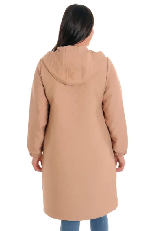 Angelino Plus Size Onion Patterned Beige Zippered Coat - 5