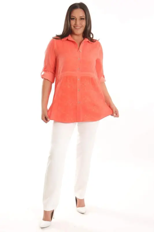 Angelino Plus Size Orange Front Bottom Embroidered Tie-Dye Washed Shirt - BÜYÜKBEDENIZ