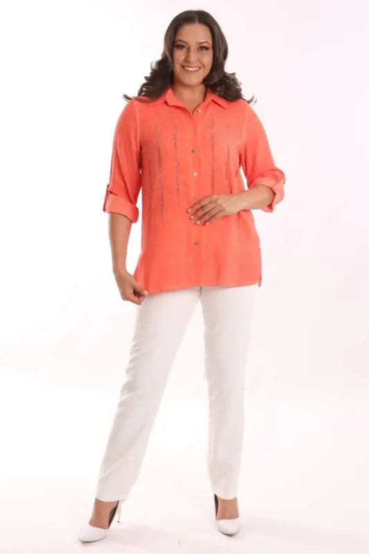 Angelino Plus Size Orange Stone Print Batik Wash Shirt - 4