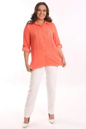 Angelino Plus Size Orange Stone Printed Batik Washed Shirt - BÜYÜKBEDENIZ (1)