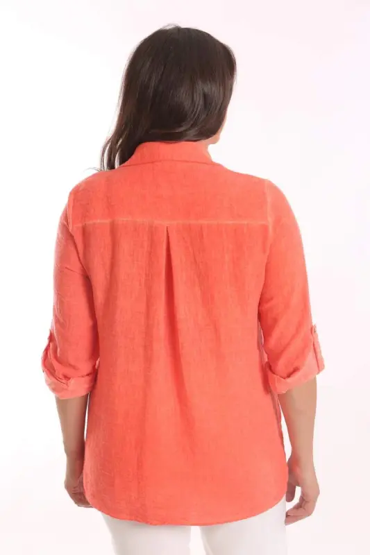 Angelino Plus Size Orange Stone Printed Batik Washed Shirt - 5