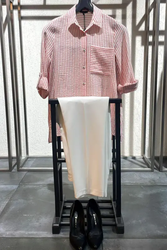 Angelino Plus Size Orange Striped Single Pocket Shirt - BÜYÜKBEDENIZ