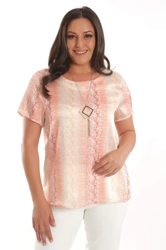 Angelino Plus Size Orange Teardrop Pattern Short Sleeve Blouse - BÜYÜKBEDENIZ