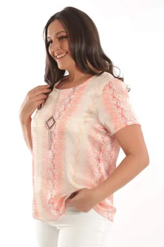Angelino Plus Size Orange Teardrop Pattern Short Sleeve Blouse - 3