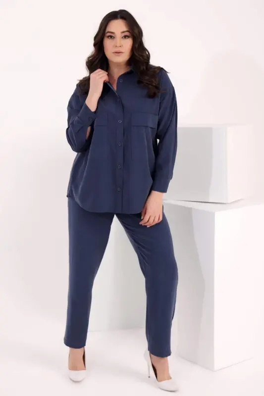 Angelino Plus Size Oversize Decorative Pocket Detailed Indigo Shirt - 3