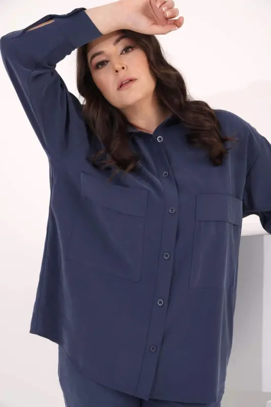 Angelino Plus Size Oversize Decorative Pocket Detailed Indigo Shirt - 4