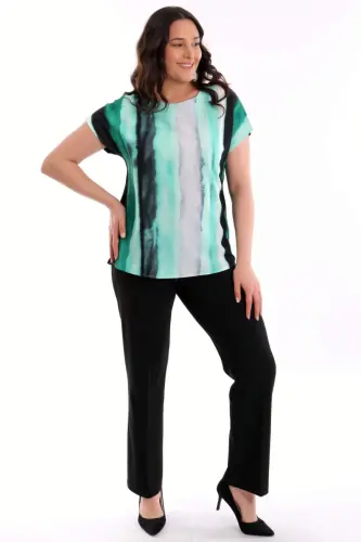 Angelino Plus Size Patterned Drop Shoulder Basic Black Blouse - 2