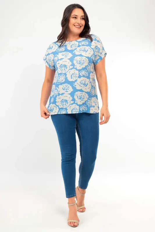 Angelino Plus Size Patterned Drop Shoulder Basic Blue Blouse - 2