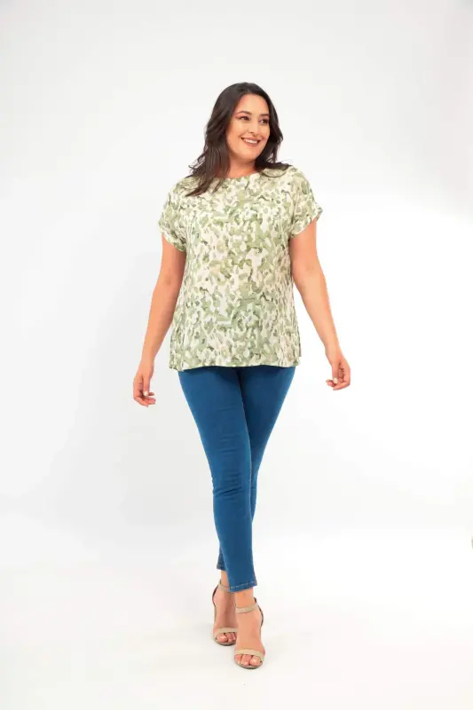 Angelino Plus Size Patterned Drop Shoulder Basic Khaki Blouse - 2