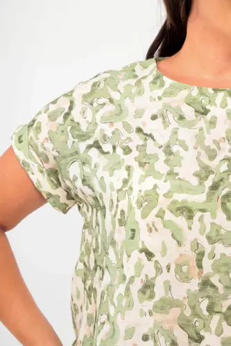 Angelino Plus Size Patterned Drop Shoulder Basic Khaki Blouse - 4