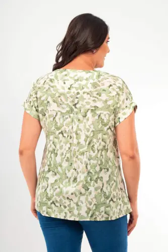 Angelino Plus Size Patterned Drop Shoulder Basic Khaki Blouse - 5